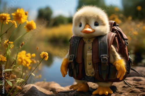 A sunny yellow duckling with a tiny backpack, taking a stroll on a sunny yellow path.