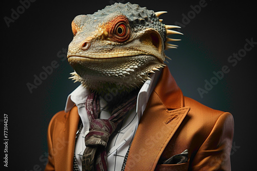 A stylish lizard wearing modern attire, photographed against a clean white background, resulting in a unique and fashionable animal portrait.