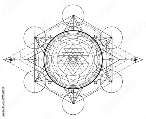 Metatron Cube. Moon pagan Wicca moon goddess symbol. Three-faced Goddess, Maiden, Mother, Crone isolated vector illustration. Tattoo, astrology, alchemy, boho and magic symbol. Coloring book.