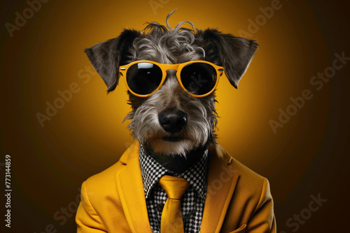 A stylish dog wearing a modern ensemble, posing against a cheerful yellow background, creating a vibrant and adorable portrait full of personality.