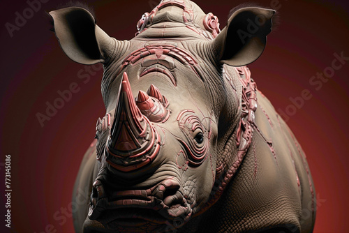 A state-of-the-art rhinoceros with bionic enhancements against a solid pink background, showcasing the resilience and strength of these majestic creatures in the face of modern challenges.