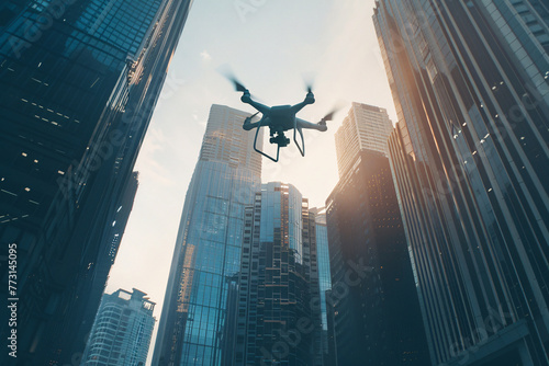 drone flying in modern city and shooting photo or video