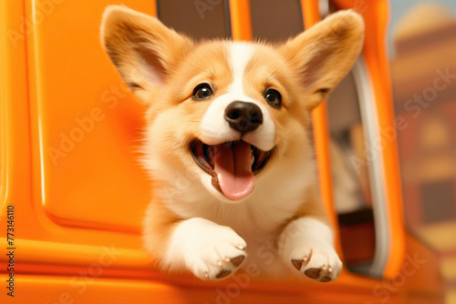 A spirited Corgi puppy, with its ears flapping in the wind, driving a vibrant orange bus on a sunny orange background.