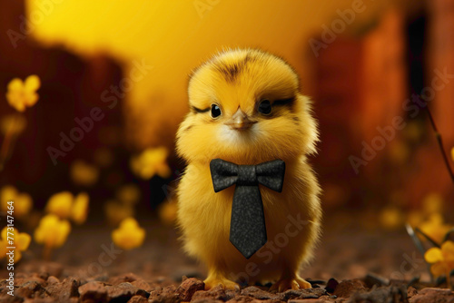 A small yellow chick in a dapper bowtie, pecking at seeds on a sunny yellow background.