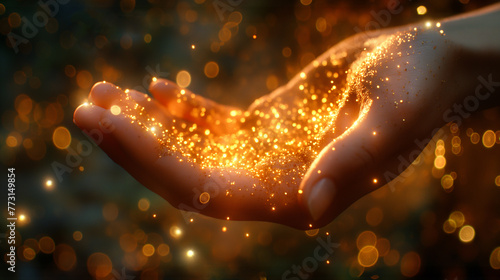 Handful of gold dust and sparkling glitter with golden lights and bokeh, dark luxury background