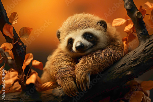 A sleepy baby sloth dressed in pajamas, hanging from a tree branch against a calming orange background.