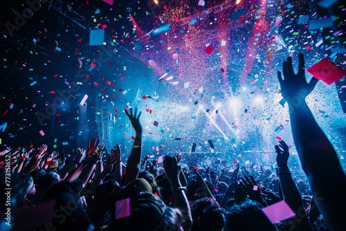 A lively crowd of people enjoying a concert as confetti falls from above onto performers on stage, creating a festive atmosphere