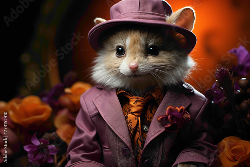 A precious creature showcasing a stylish outfit against a solid purple background, resulting in a perfectly captured and visually appealing portrait.