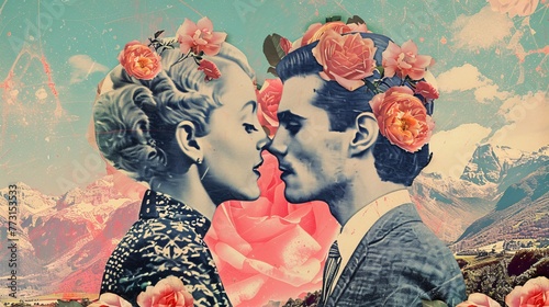 a digital collage mixing modern and vintage love themes with surreal, retro flair for a nostalgic, wondrous fee