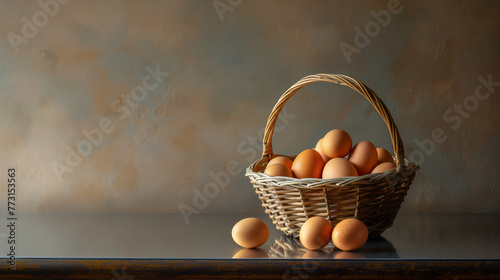 Zbliżenie na koszyk jajek na szarym tle