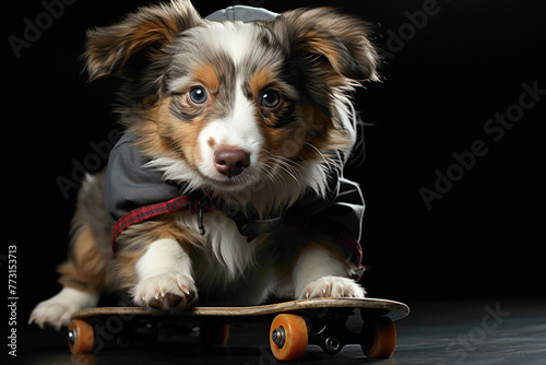 A playful puppy in a grey hoodie, skateboarding on a grey background.
