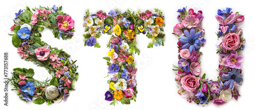 Flower font alphabet S, T, U made of colorful floral letters on white background