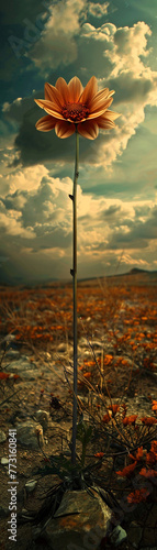 A lone flower stands in a desolate landscape