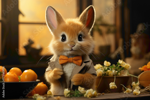 A peach-colored surface featuring a baby bunny in a bowtie, enjoying a carrot snack.