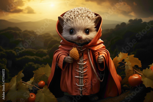 A peach-colored surface featuring a tiny hedgehog in a superhero cape, defending its acorn stash.