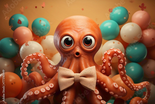 A peach-colored octopus in a bowtie, juggling colorful balls on a peach background.