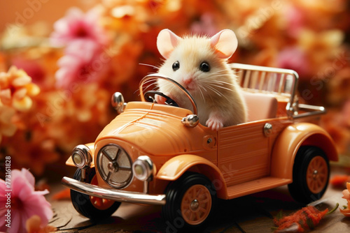 A peach-colored hamster in a peach-colored convertible, cruising on a peach background.