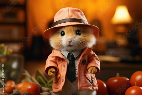 A peach-colored hamster in a detective hat, solving a mystery on a peach background.