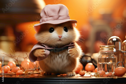 A peach-colored hamster in a detective hat, solving a mystery with a magnifying glass on a peach background.