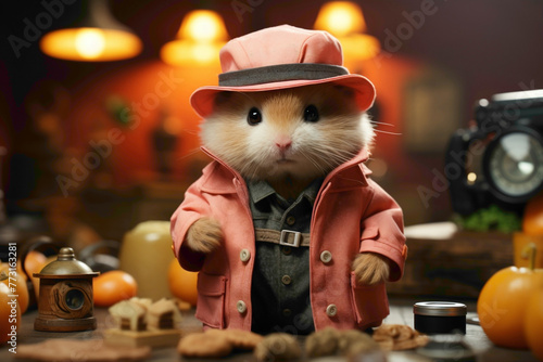 A peach-colored hamster in a detective hat, solving a mystery with a magnifying glass on a peach background.