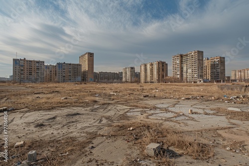 A wide-angle view of desolate urban outskirts, showing a group of buildings standing upright in a barren dirt landscape