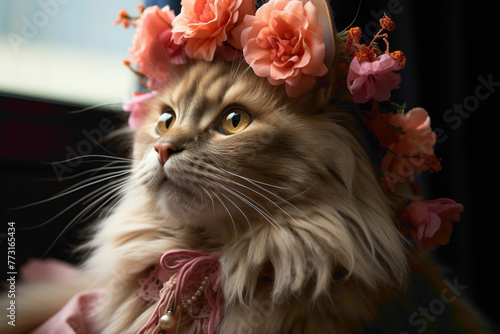 A peach-colored cat wearing a floral headband and a summer dress, enjoying the gentle breeze on a peach-colored background.