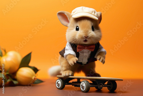 A peach-colored bunny in a bowtie, riding a tiny skateboard on a peach background.
