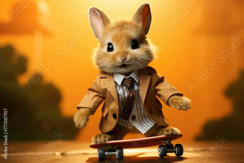 A peach-colored bunny in a bowtie, riding a tiny skateboard on a peach background.