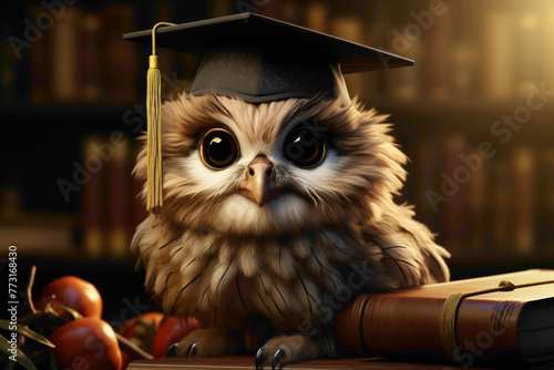 A peach-colored background featuring a tiny owl in a graduation cap, perched on a stack of books.
