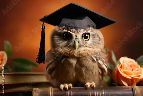 A peach-colored background featuring a tiny owl in a graduation cap, perched on a stack of books.