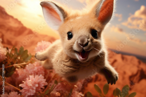 A peach-colored baby kangaroo in a trendy pouch, bouncing joyfully on a peach-colored landscape.