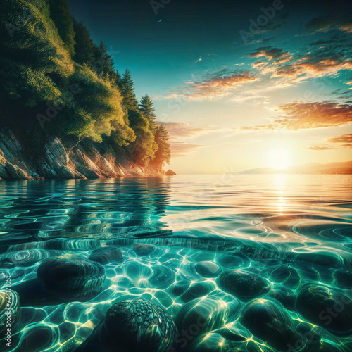 sunset, crystal clear transparent water in the sea near the shore, cliff, trees, the bottom with stones is visible through the water