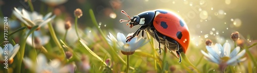 A ladybug landing on a flower with a surprised expression cute