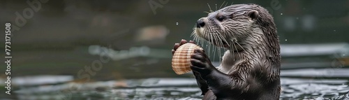 A playful otter balances a seashell on its nose like a circus performer small
