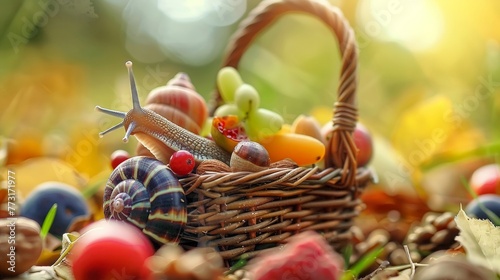 A tiny snail carries a miniature picnic basket filled with colorful candies minimal