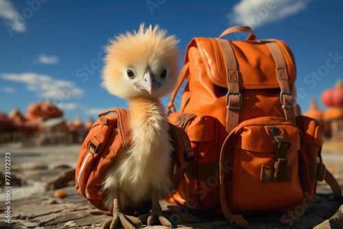 A peach-colored baby flamingo with a trendy backpack, embarking on a peach-colored adventure.