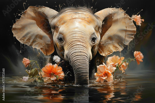 A peach-colored baby elephant with a floral headband, spraying water playfully on a peach-colored canvas.