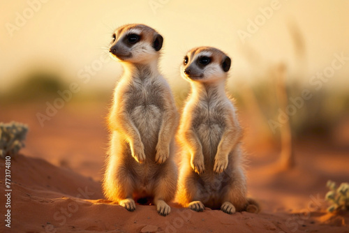 A pair of curious meerkat pups standing upright, their attentive gazes surveying the surrounding desert landscape with a mix of curiosity and caution.