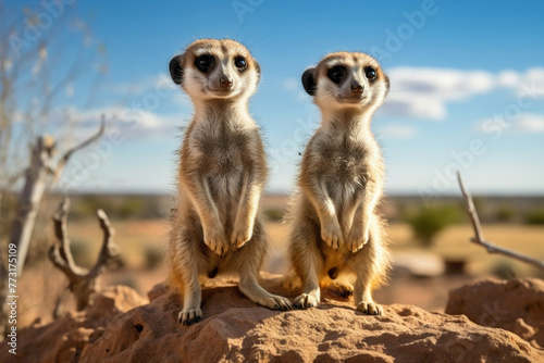 A pair of curious meerkat pups standing upright, their attentive gazes surveying the surrounding desert landscape with a mix of curiosity and caution.
