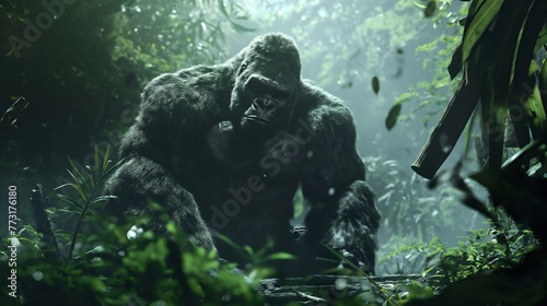 Roaming sovereign amidst the emerald canopy, King Kong reigns supreme in his verdant realm.