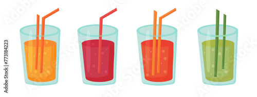 Fruit cocktails in glasses with straws. Set Fresh summer drink. Vector illustration.