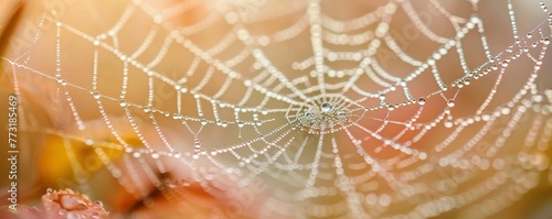 Close view of a spider web with dewdrops