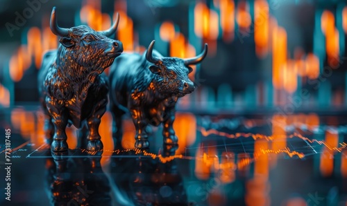 Financial and business candle stock graph chart, Bull vs bear concept, macro shot of a detailed bull and bear figurine standing on a reflective surface