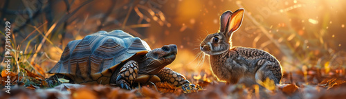 Calm tortoise in front, hare rushing, twilight setting, eyelevel, strategic advantage, quiet determination