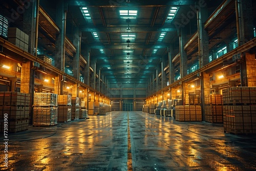 Interior of a large logistics center warehouse