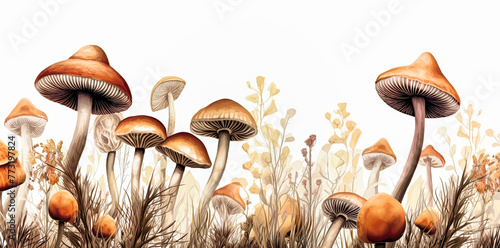A row of mushrooms are shown in a field of grass.