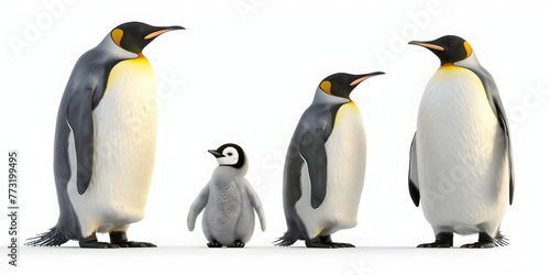 Family of cute emperor penguin takes care of their furry toddlers,Three funny emperor penguin stand side by side and turn in different directions