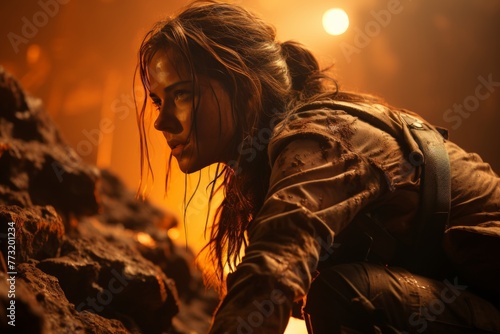 a woman scaling a rugged cliff, evoking strength and determination, with dramatic lighting and a striking composition.