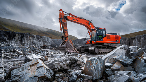 Powerful Excavation: A Gigantic Orange Excavator Tackling Rocky Terrain with Precision and Strength