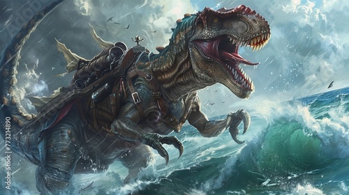 An Acrocanthosaurus in pirate attire, its towering height allowing it to scout far across the turbulent seas